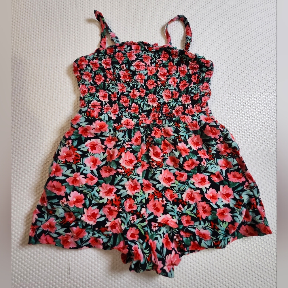 Girls Floral Smocked Romper - Pink Green